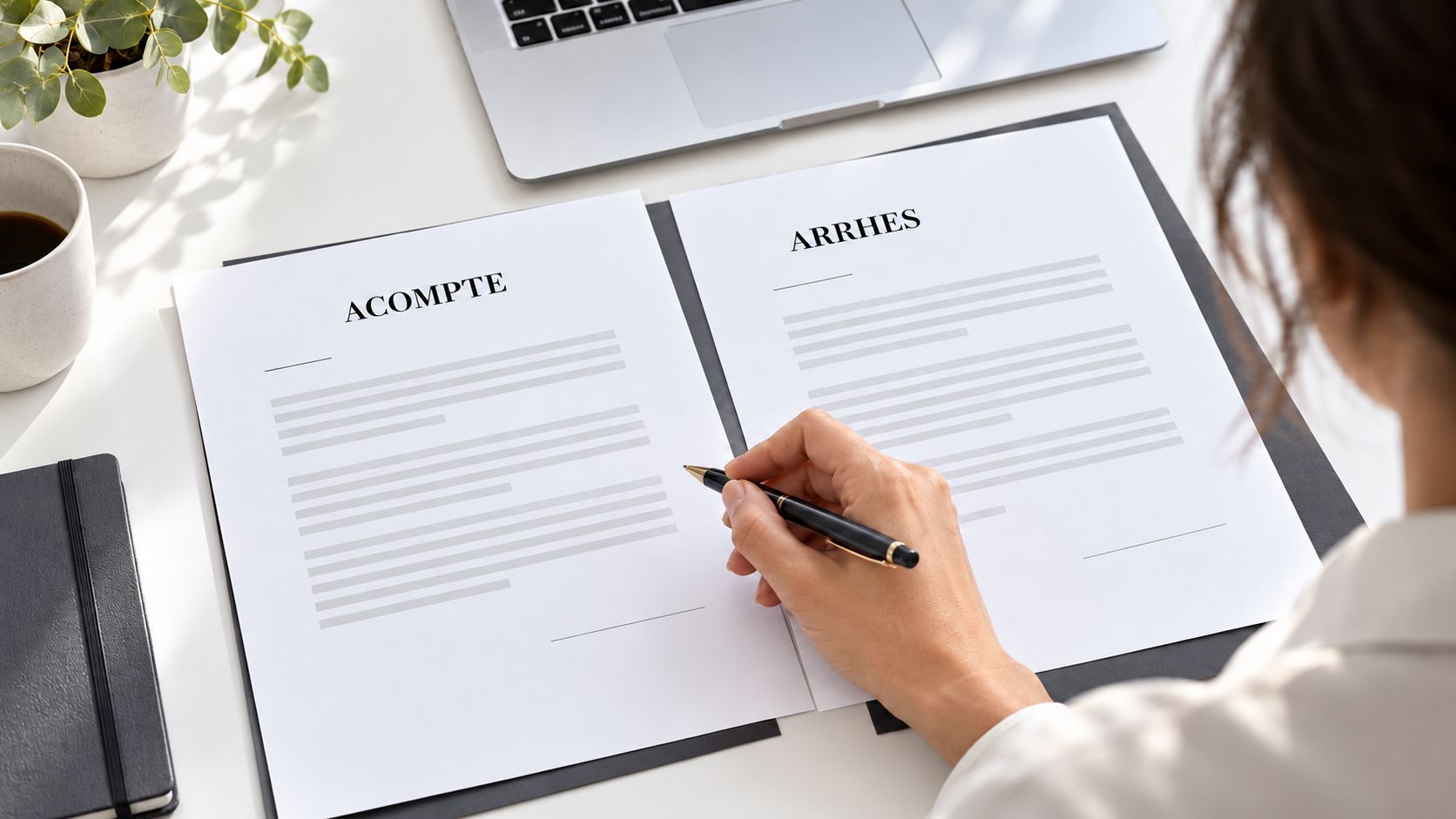 Une personne signe un document intitulé « Acompte », posé à côté d'un document intitulé « Arrhes ».