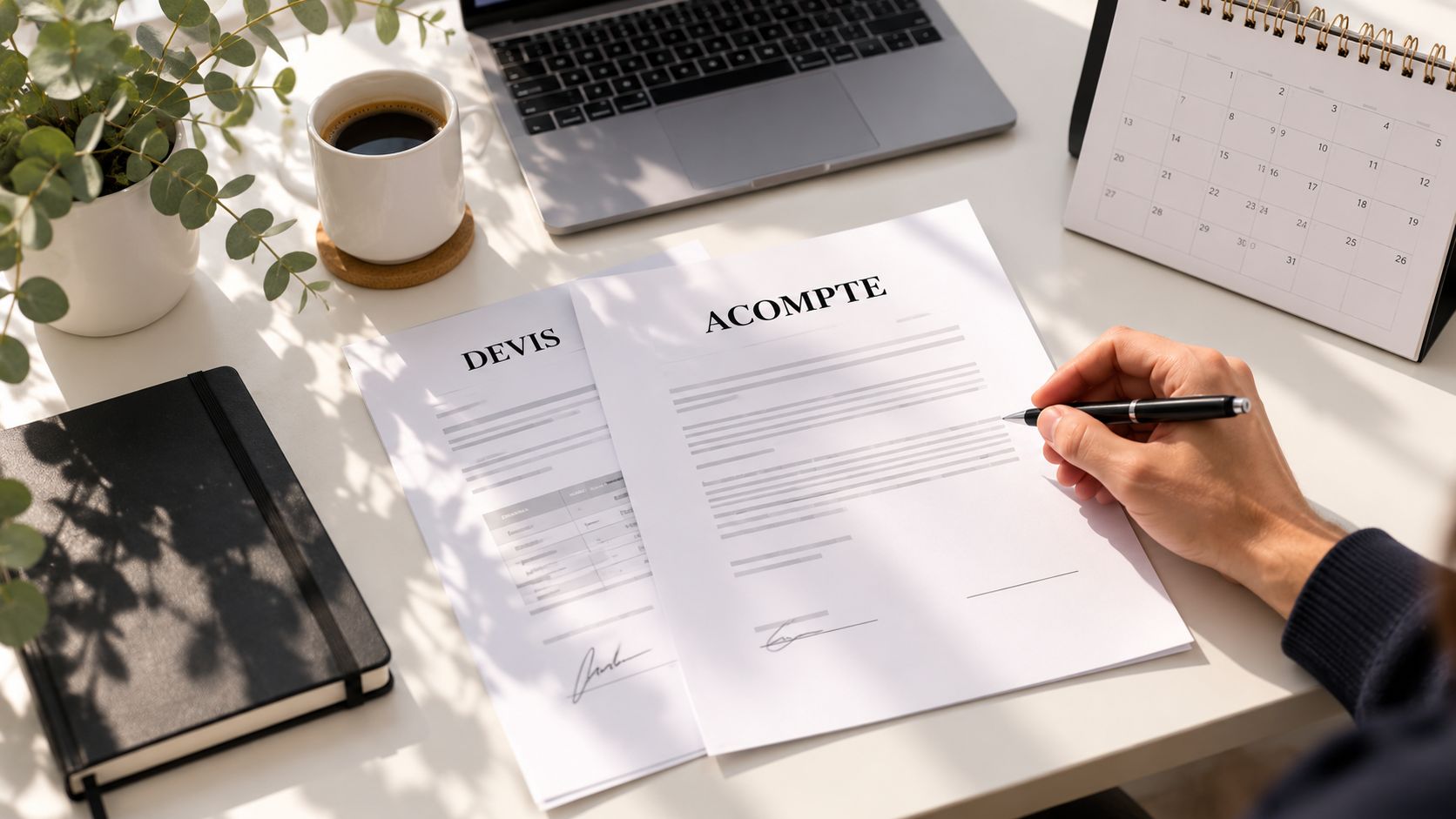 Une personne signe un document intitulé « Acompte », posé sur un devis, à côté d'un calendrier de bureau et d'un ordinateur portable.