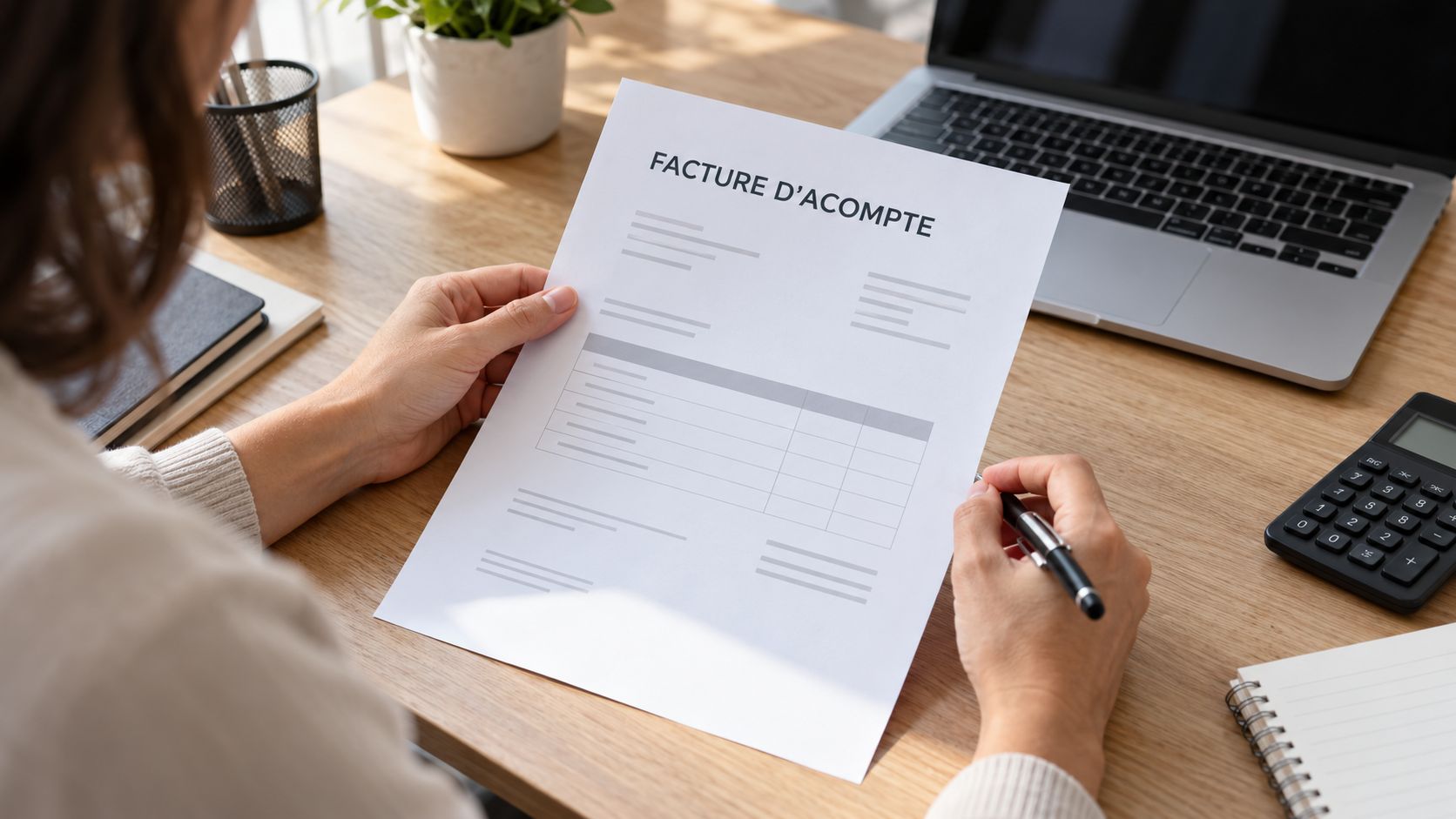 Une personne tient une feuille intitulée « Facture d'acompte », un stylo à la main, à côté d'une calculatrice et d'un ordinateur portable.