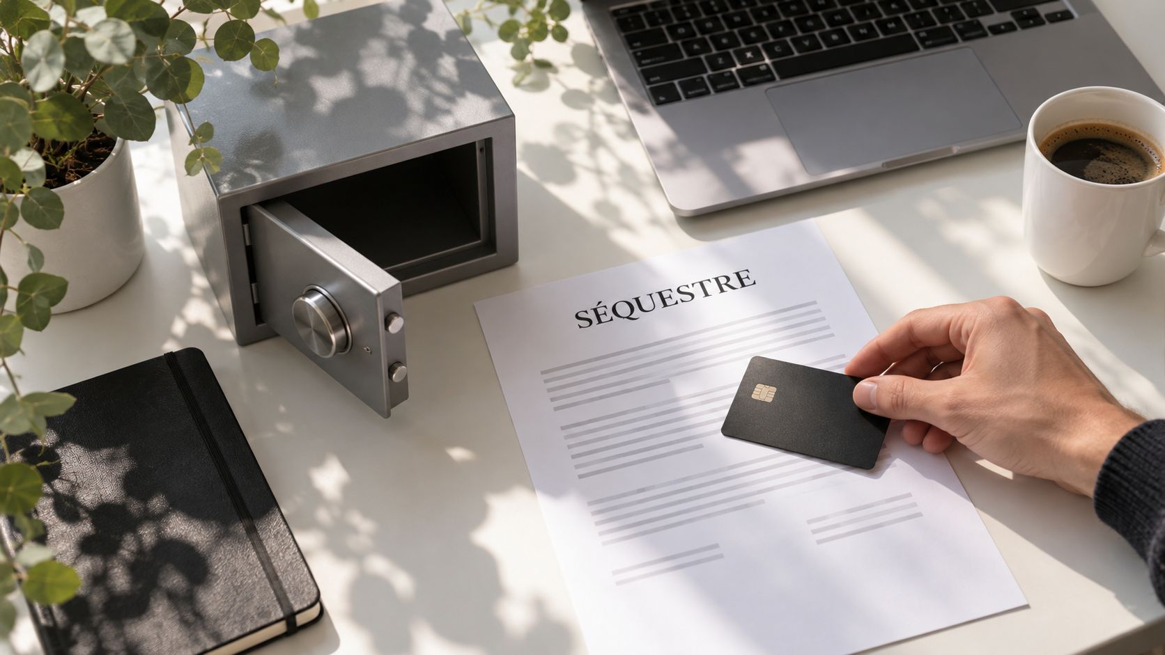 Une main pose une carte bancaire noire sur une feuille intitulée « Séquestre », à côté d'un petit coffre-fort métallique entrouvert.